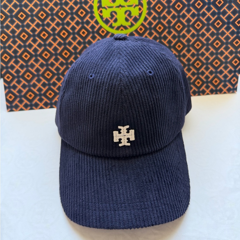 Tory Burch Corduroy Logo Cap Hat Tory Navy Blue